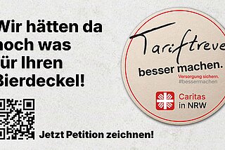 Das Bild enthält einen Bierdeckel mit dem Wort Tariftreue und dem Spruch "Wir hätten da noch was für Ihren Bierdeckel"